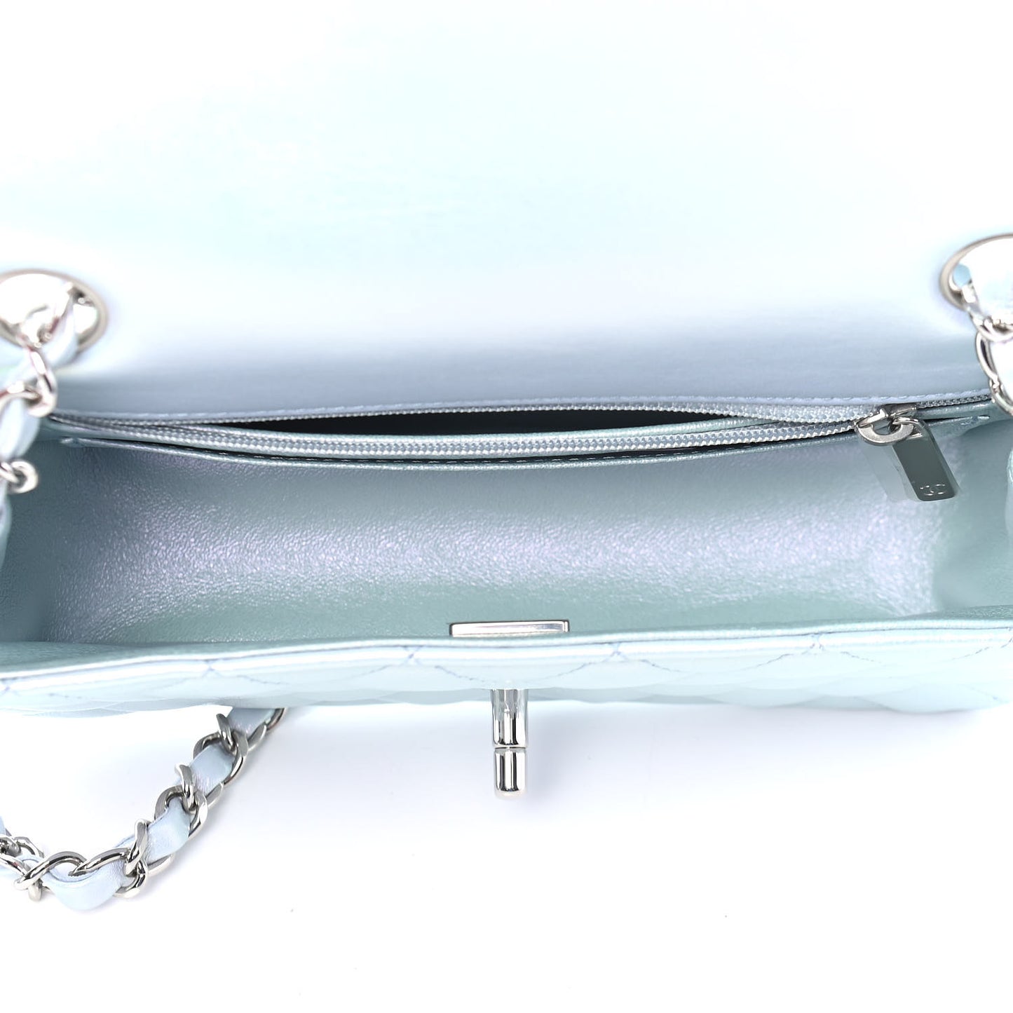 Iridescent Calfskin Quilted Mini Rectangular Flap Light Blue