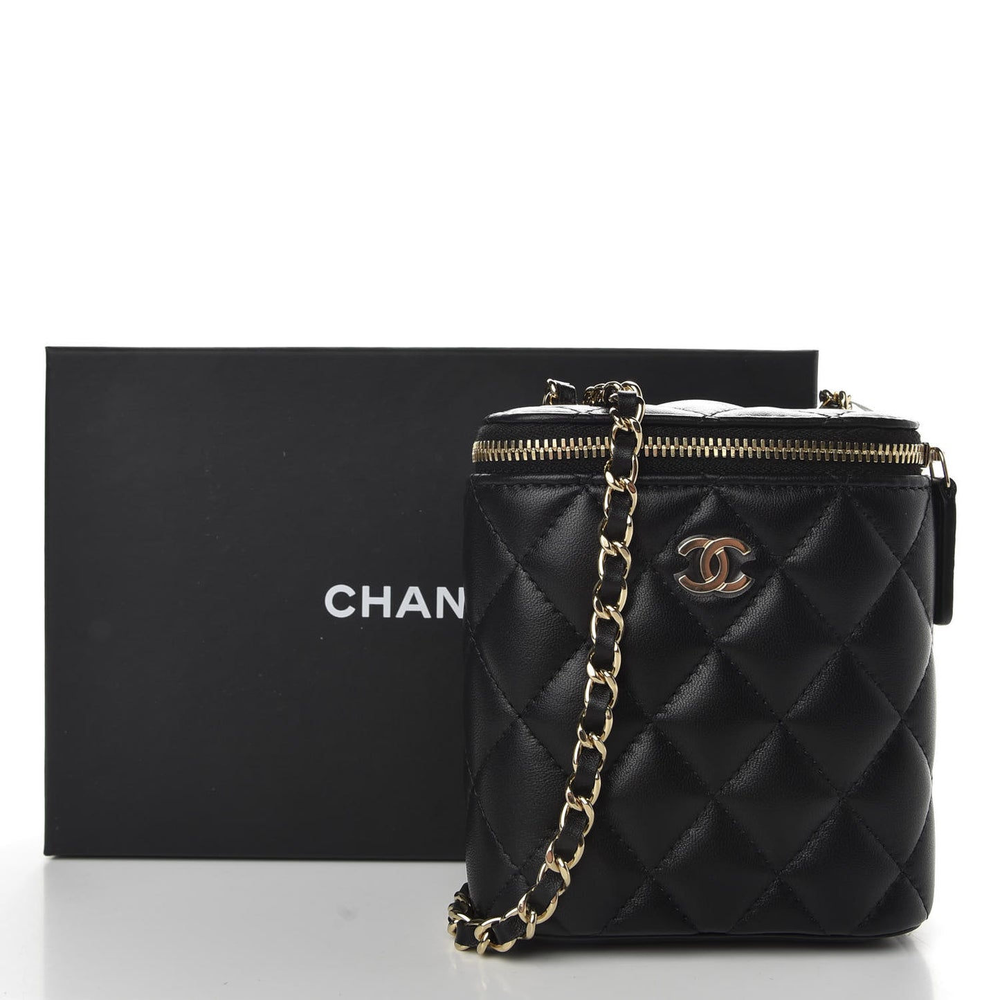 Lambskin Quilted Small Vertical Coco Beauty Vanity Case With Chain Black