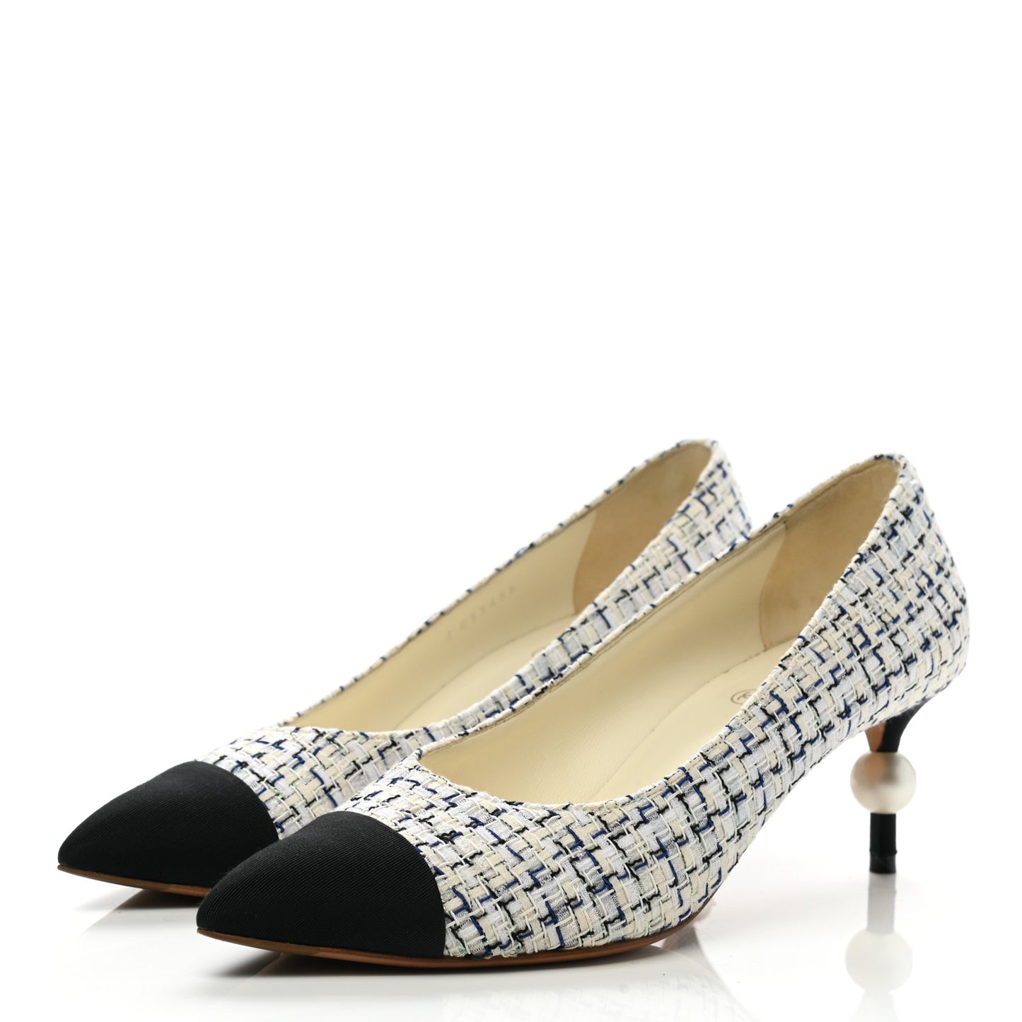Tweed Pearl Cap Toe Pumps 38 White Black Blue