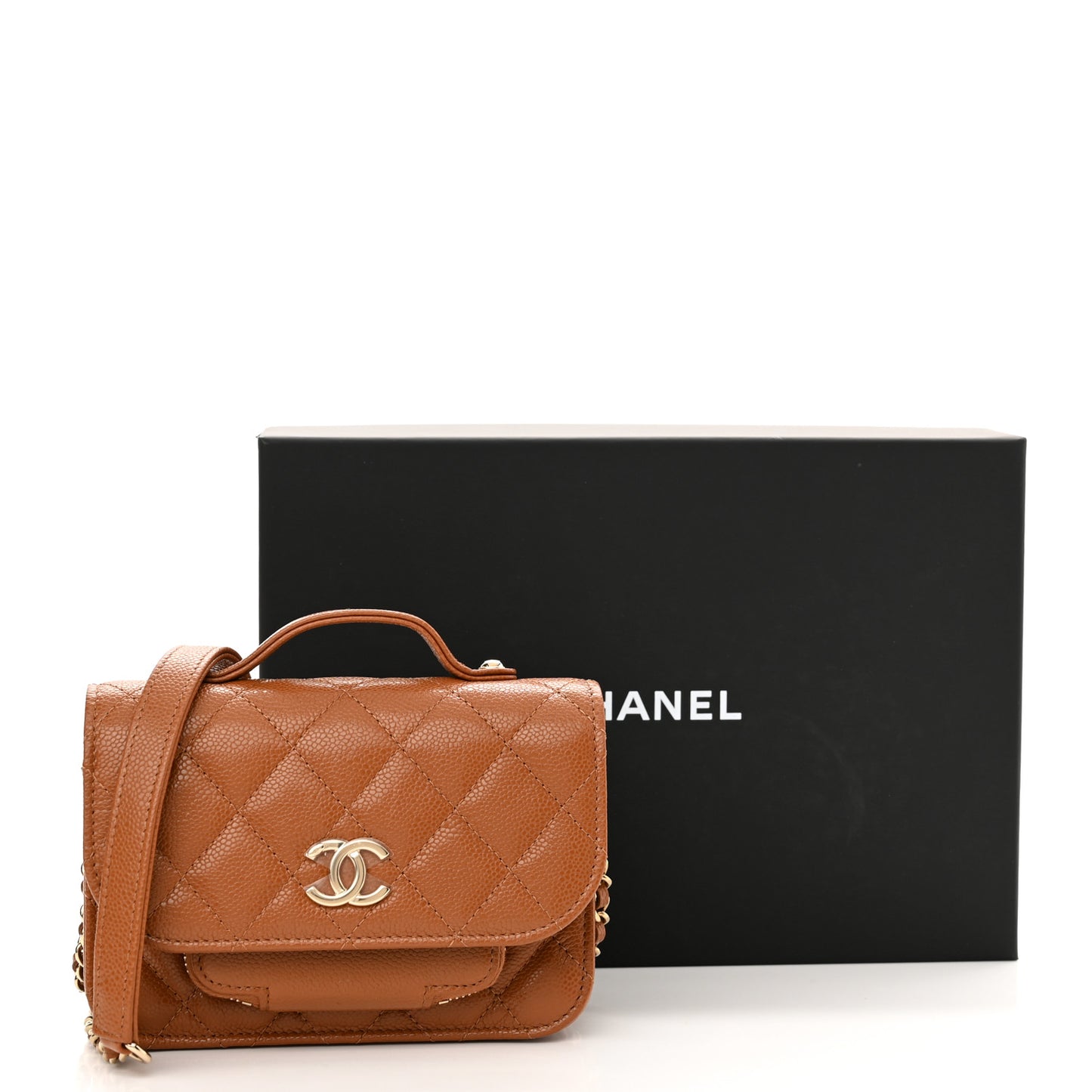 Caviar Quilted Business Affinity Clutch With Chain Flap Camel