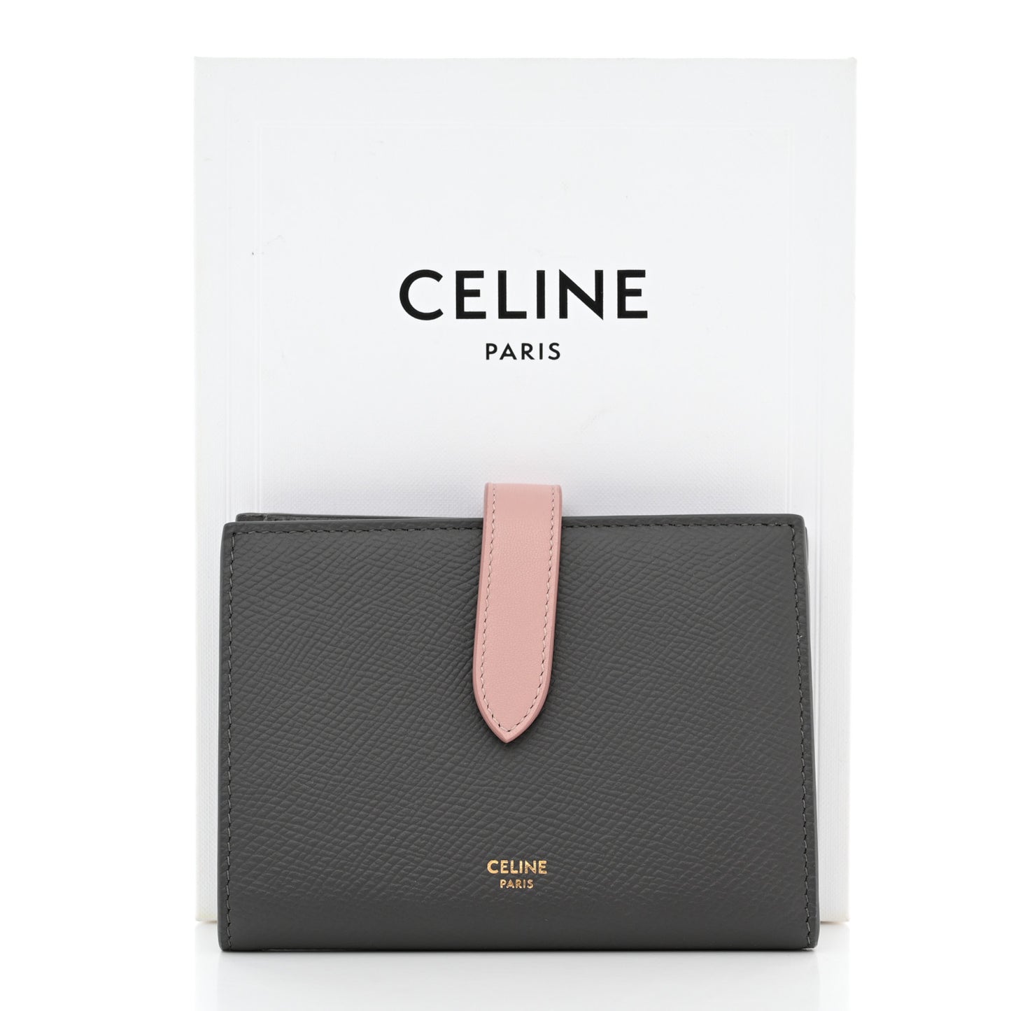 Grained Calfskin Medium Multifunction Strap Wallet Grey Vintage Pink