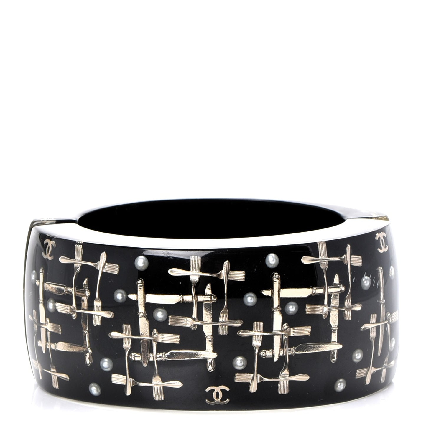 Resin Pearl Fork Knife Basserie Cuff Bangle Black