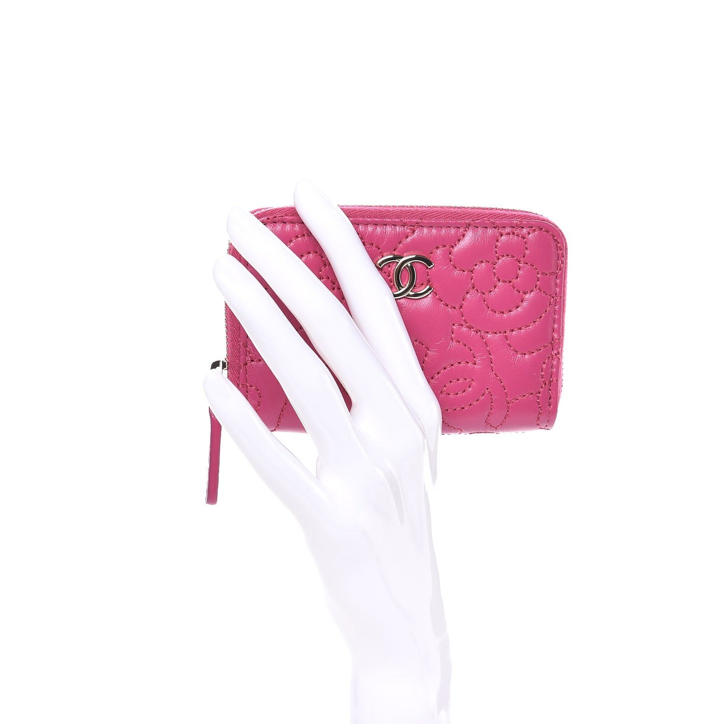 Lambskin Camellia Embossed Zip Coin Purse Pink