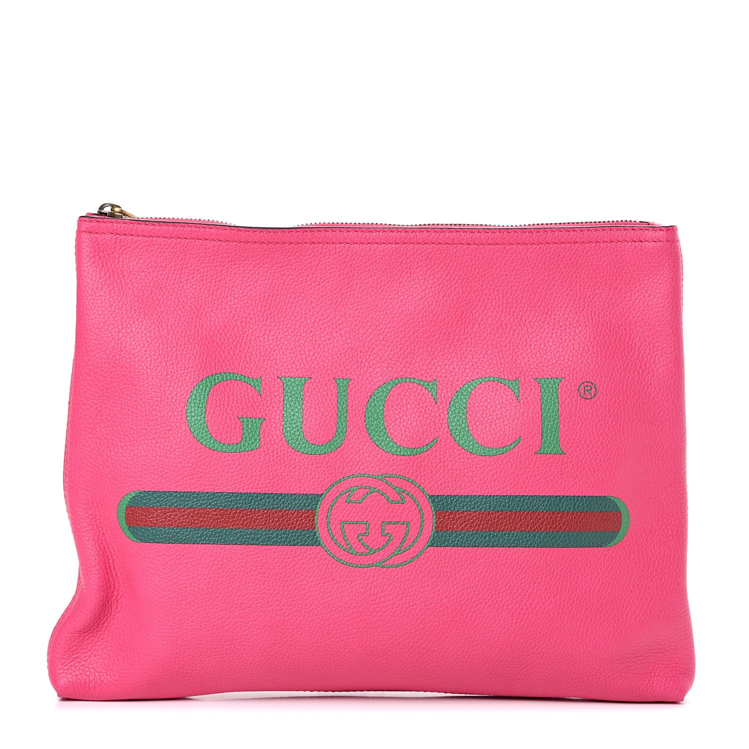 Gucci Pebbled Calfskin Medium Logo Portfolio Clutch Box Pink Green 1 of 8