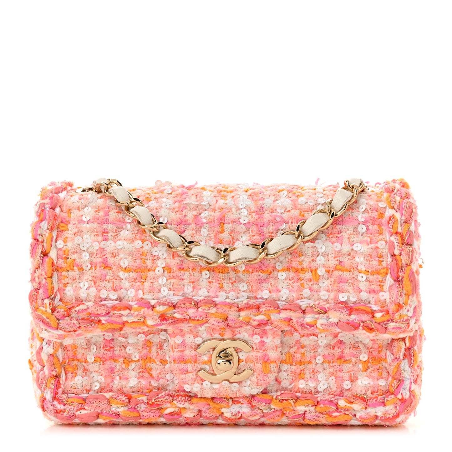 Tweed Braid Sequin Mini Flap White Pink Orange