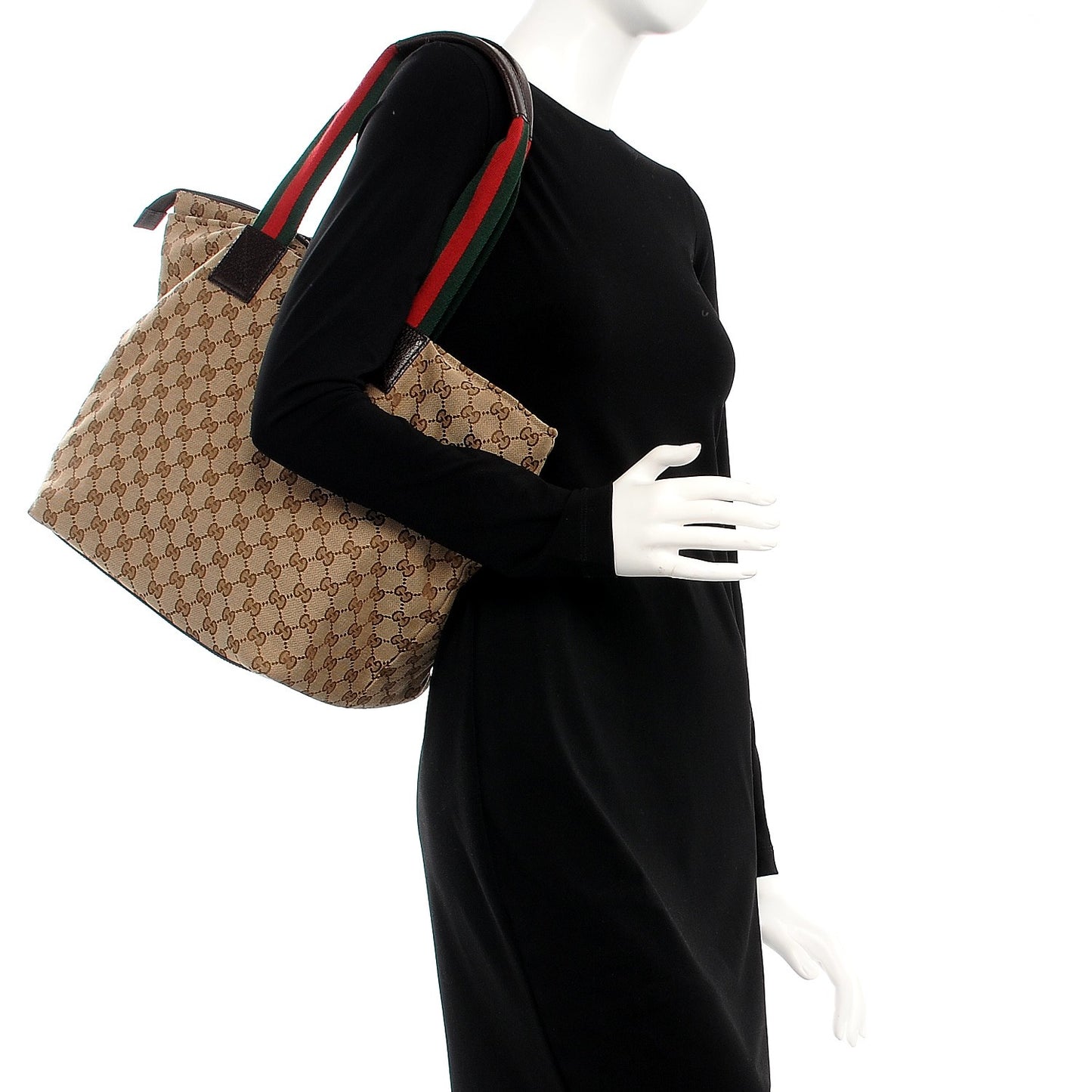 GG Monogram Large Web Handle Bucket Tote Dark Brown
