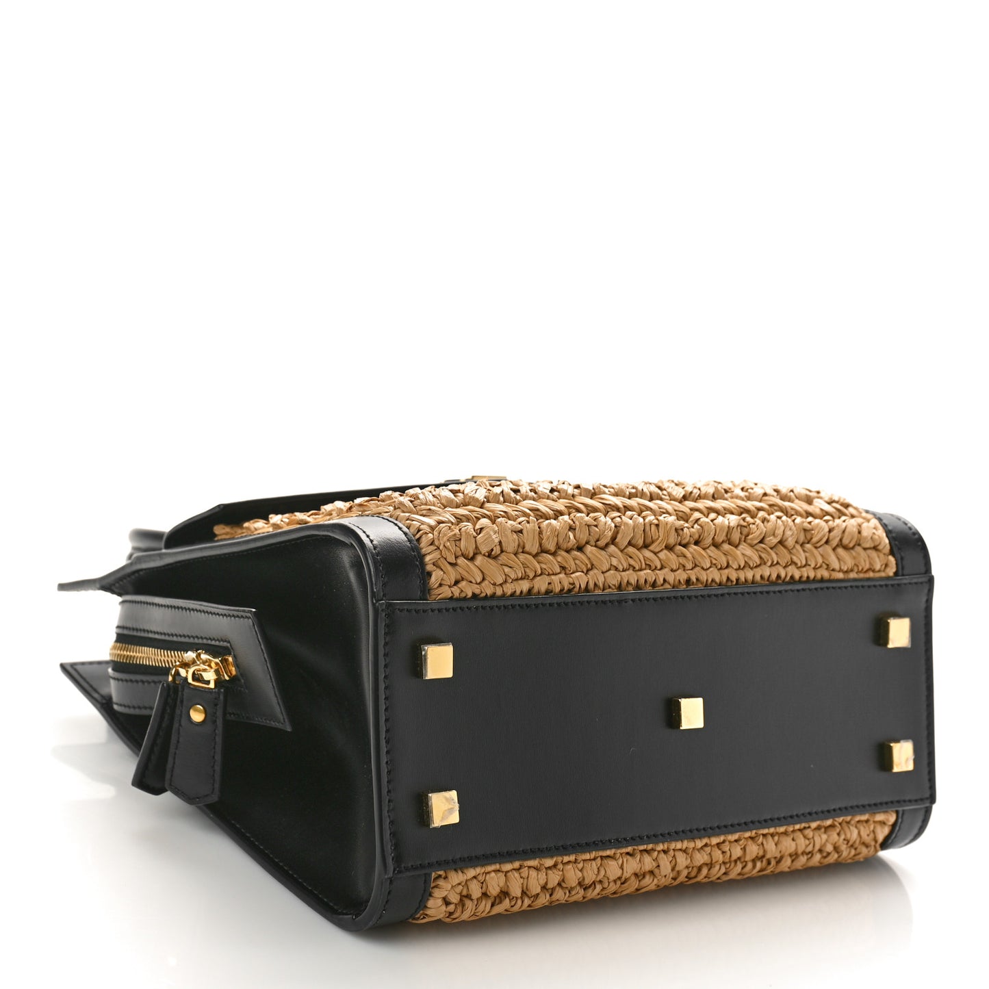 Raffia Calfskin Small Uptown Tote Black Natural