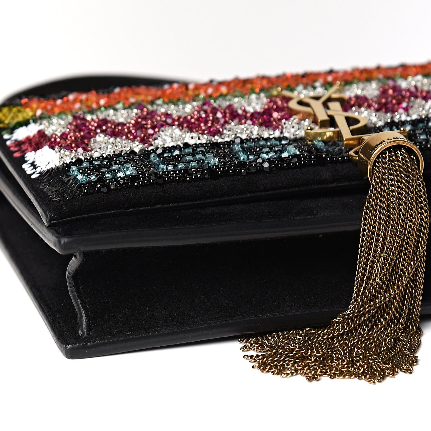 Suede Sequin Bead Embellished Classic Monogram Kate Tassel Chain Wallet Black Multicolor