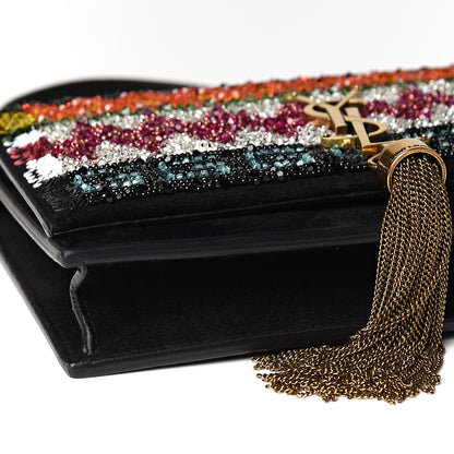 Saint Laurent Suede Sequin Bead Embellished Classic Monogram Kate Tassel Chain Wallet Black Multicolor 7 of 10