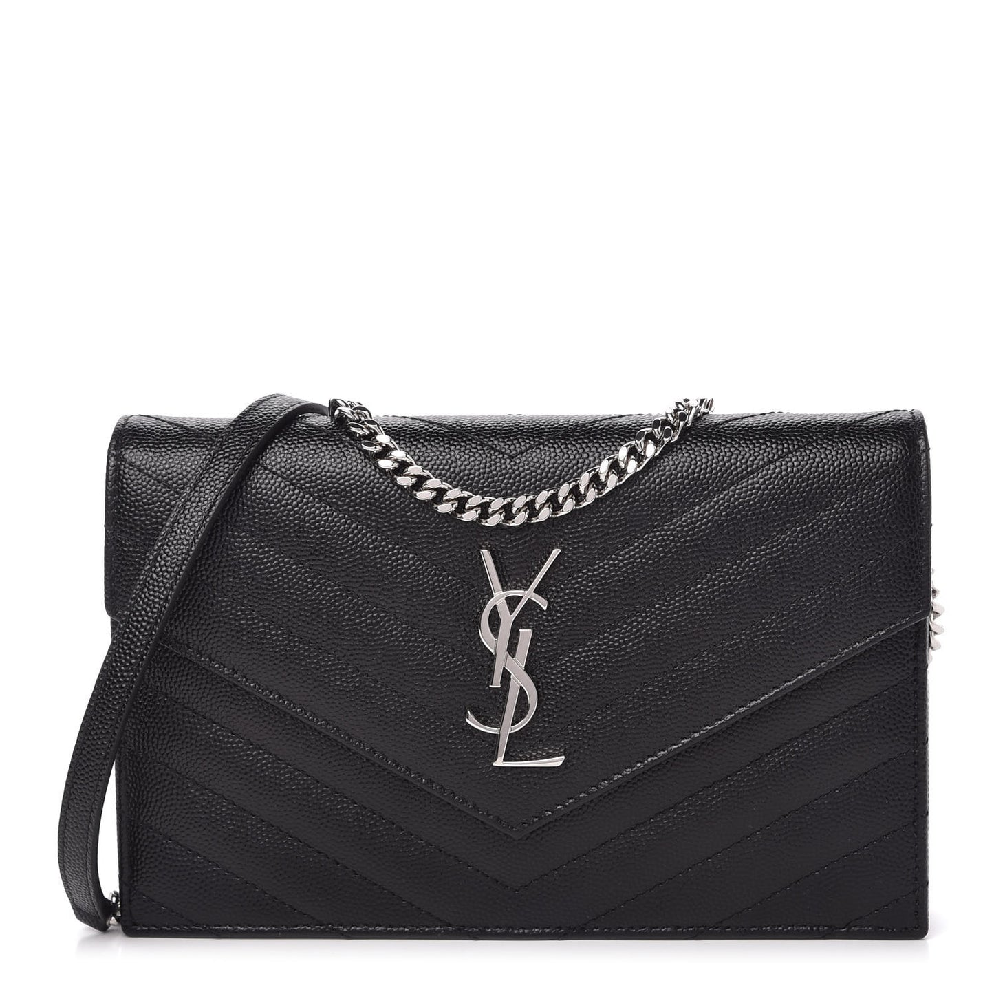 Grain De Poudre Matelasse Chevron Monogram Envelope Chain Wallet Black