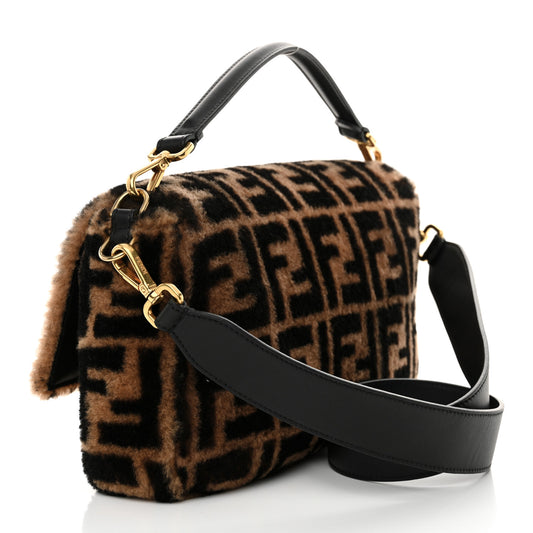 Shearling Vitello Dolce Macro FF 1974 Large Baguette Tobacco Black