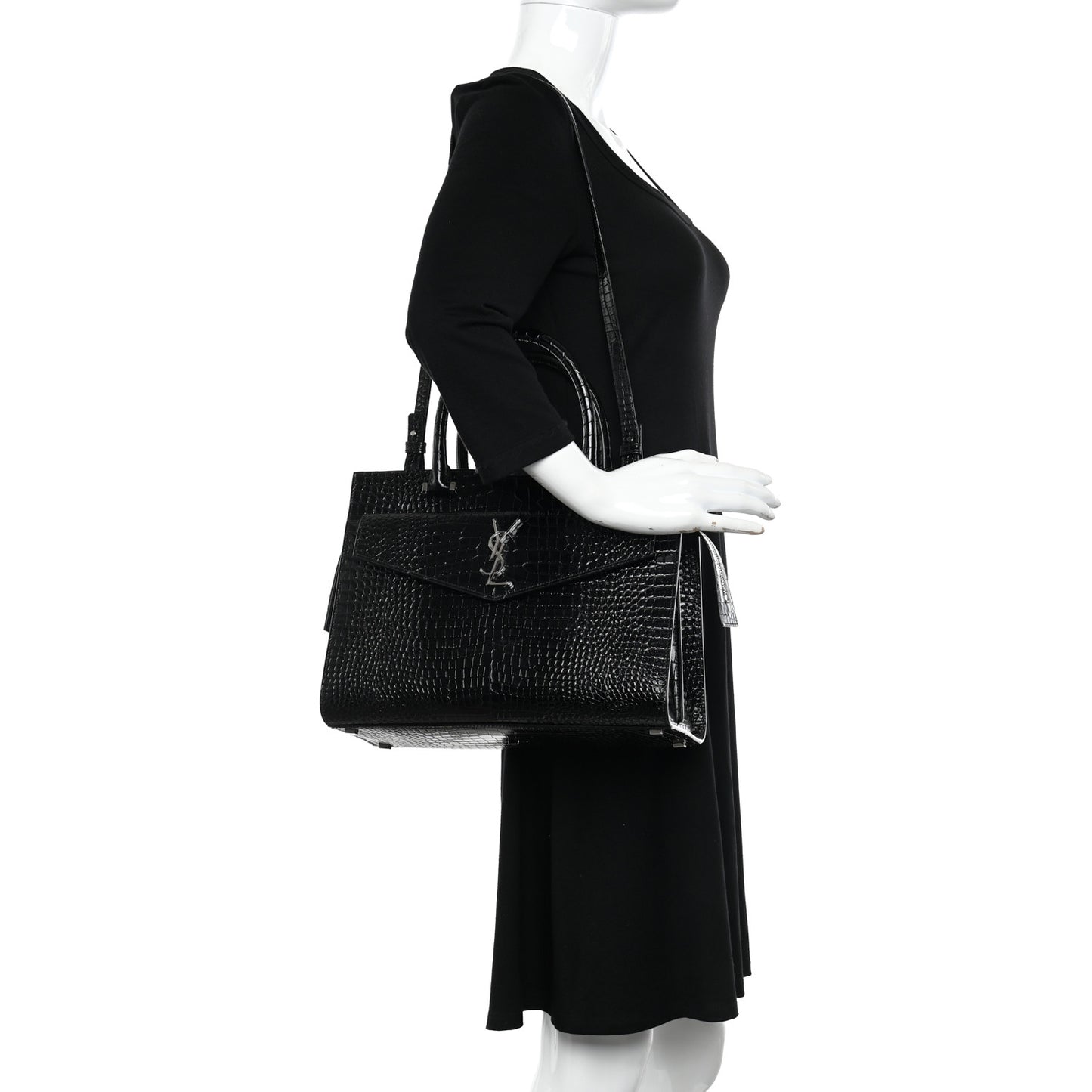 Croc Calfskin Embossed Medium Uptown Tote Black