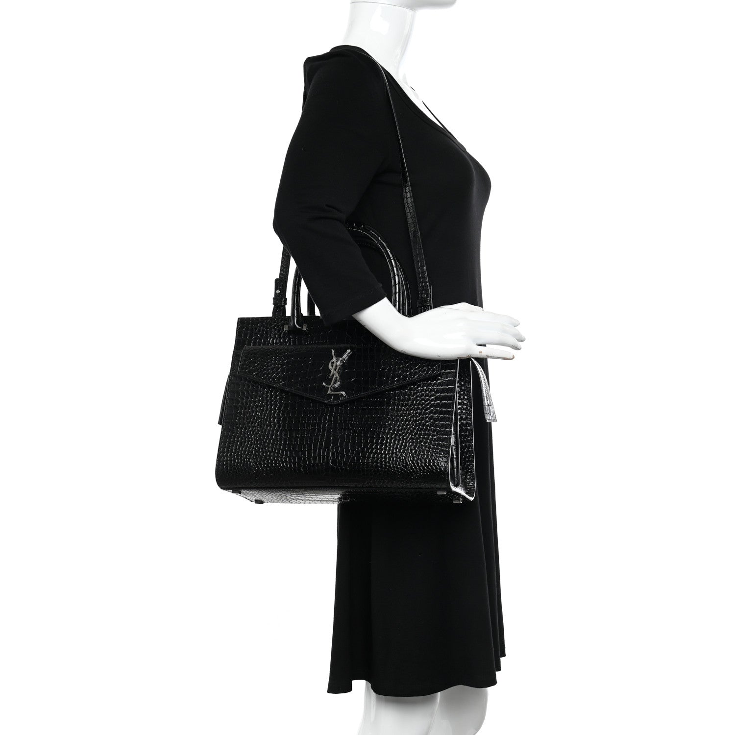 Saint Laurent Croc Calfskin Embossed Medium Uptown Tote Black 2 of 10