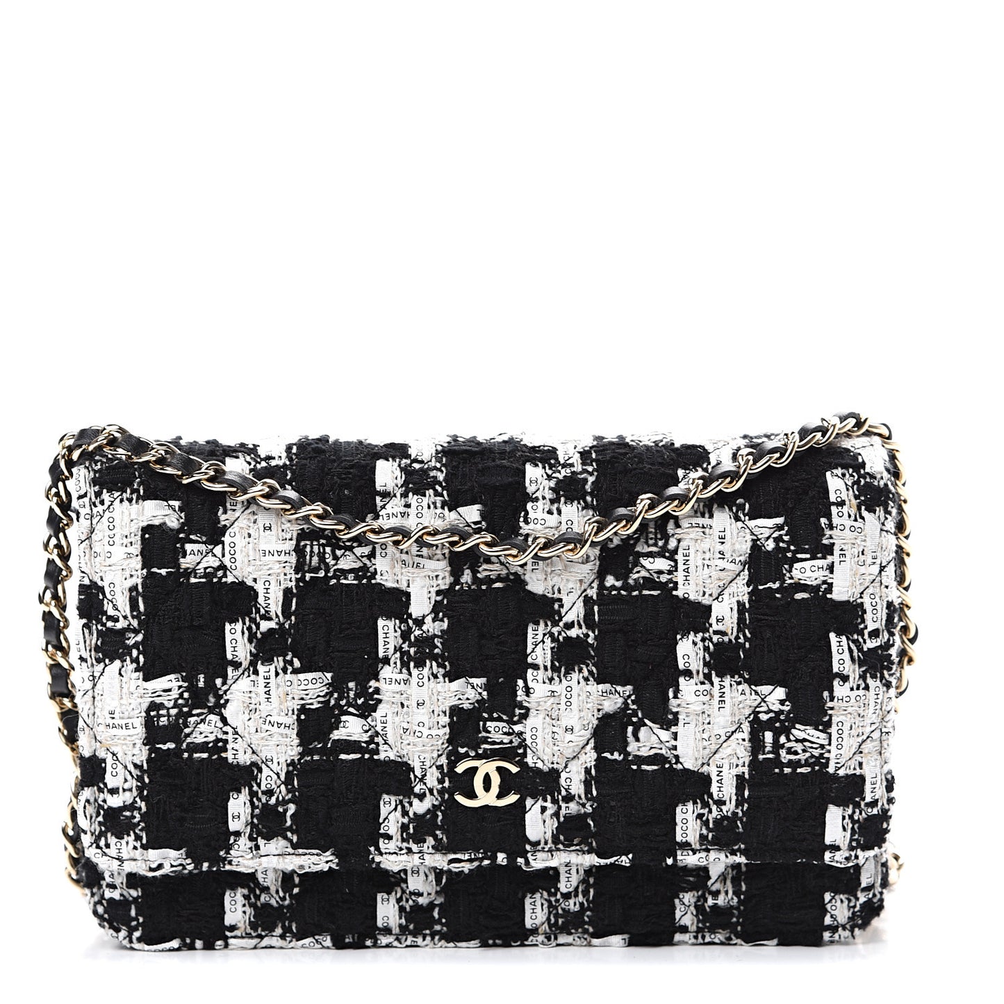 Tweed Quilted Wallet On Chain WOC Black Ecru White