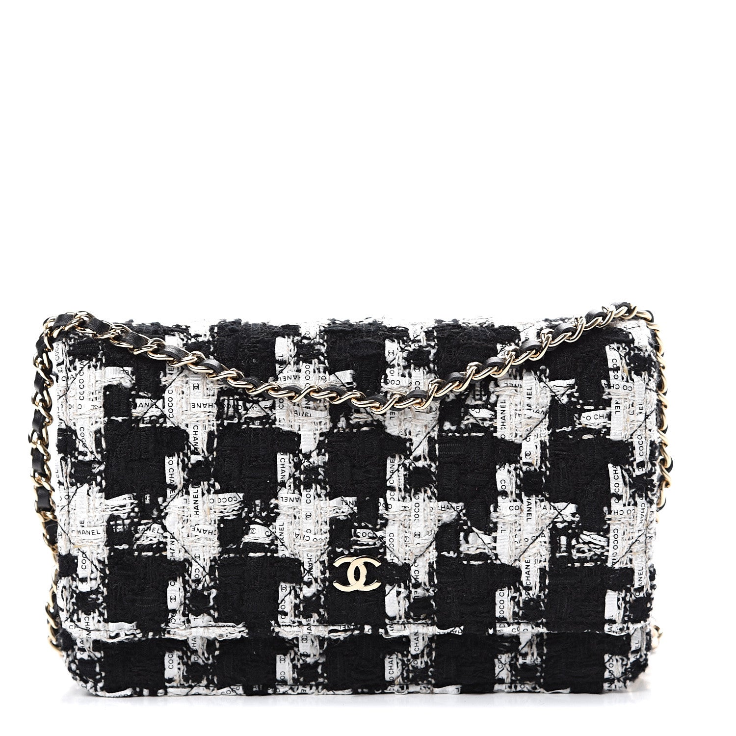Chanel Tweed Quilted Wallet On Chain WOC Black Ecru White 1 of 11