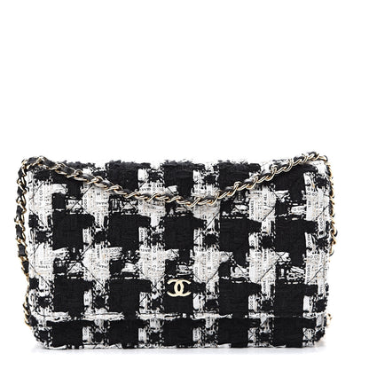 Chanel Tweed Quilted Wallet On Chain WOC Black Ecru White 1 of 11