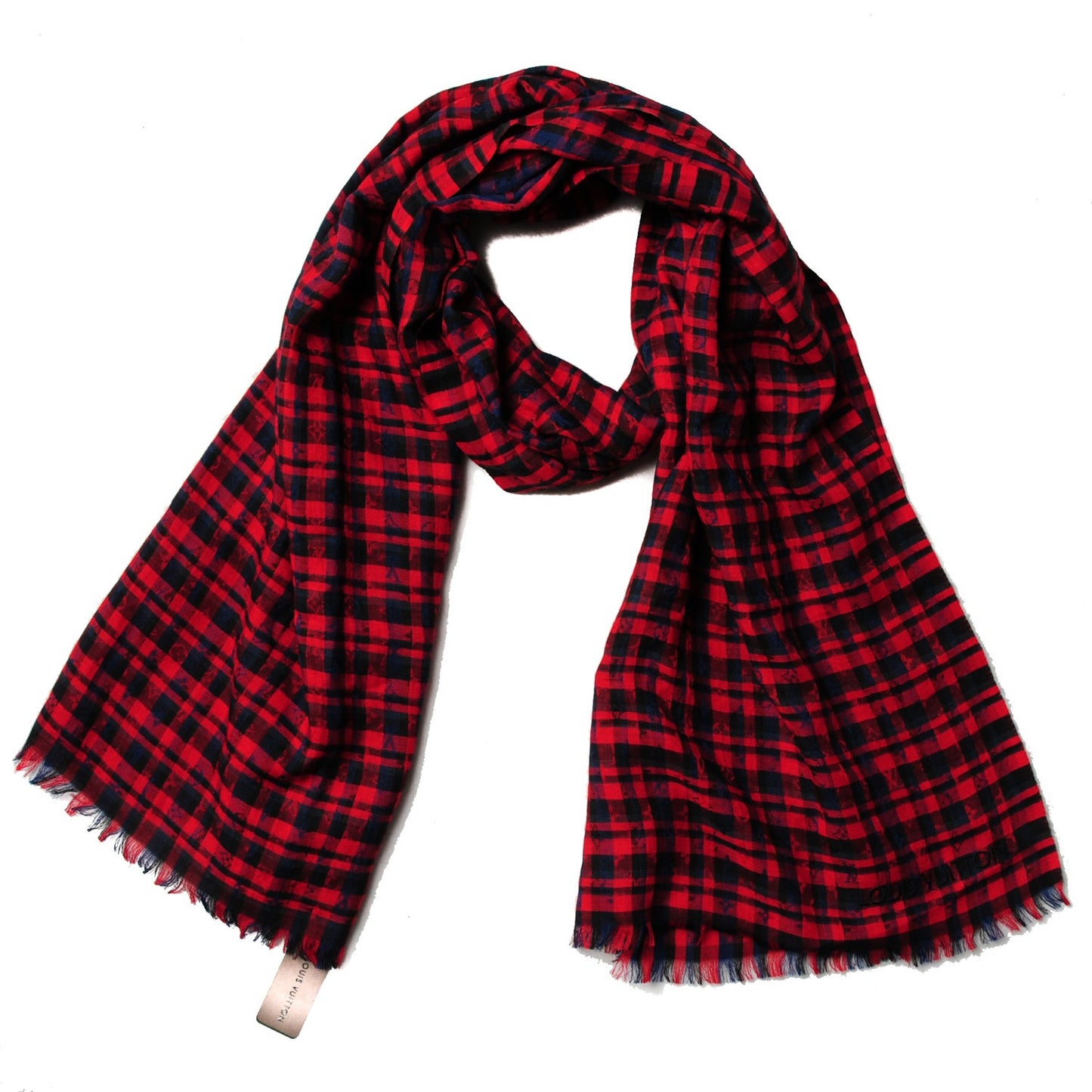 Cashmere Wool Etole Monogram Checks Scarf Rouge
