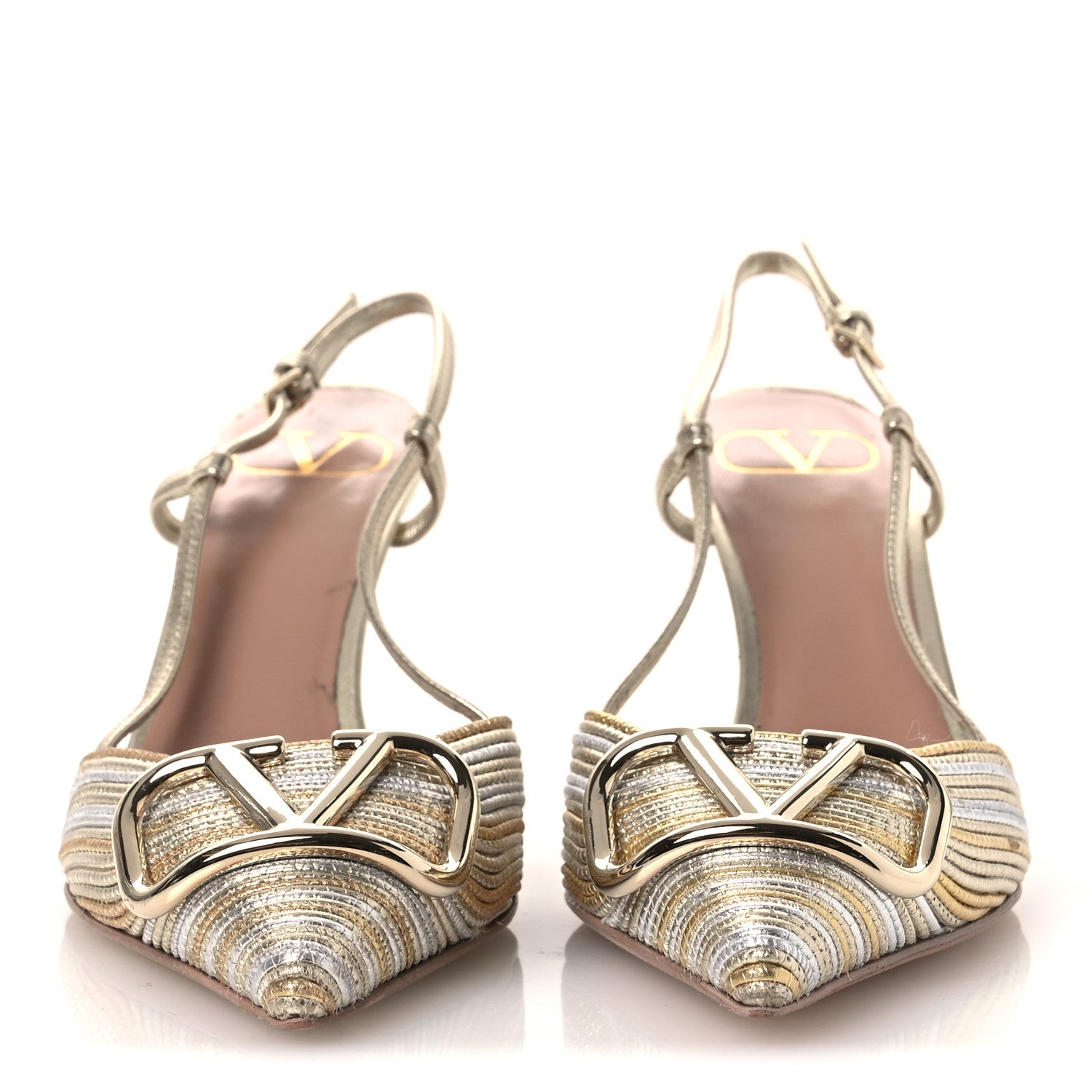 Valentino Garavani Metallic Raffia Calfskin Vlogo Slingback 80mm Pumps 37.5 Gold Silver 3 of 13