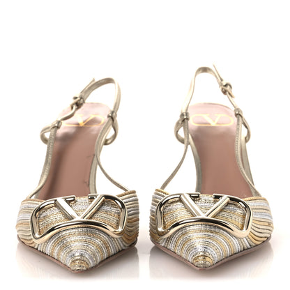 Valentino Garavani Metallic Raffia Calfskin Vlogo Slingback 80mm Pumps 37.5 Gold Silver 3 of 13