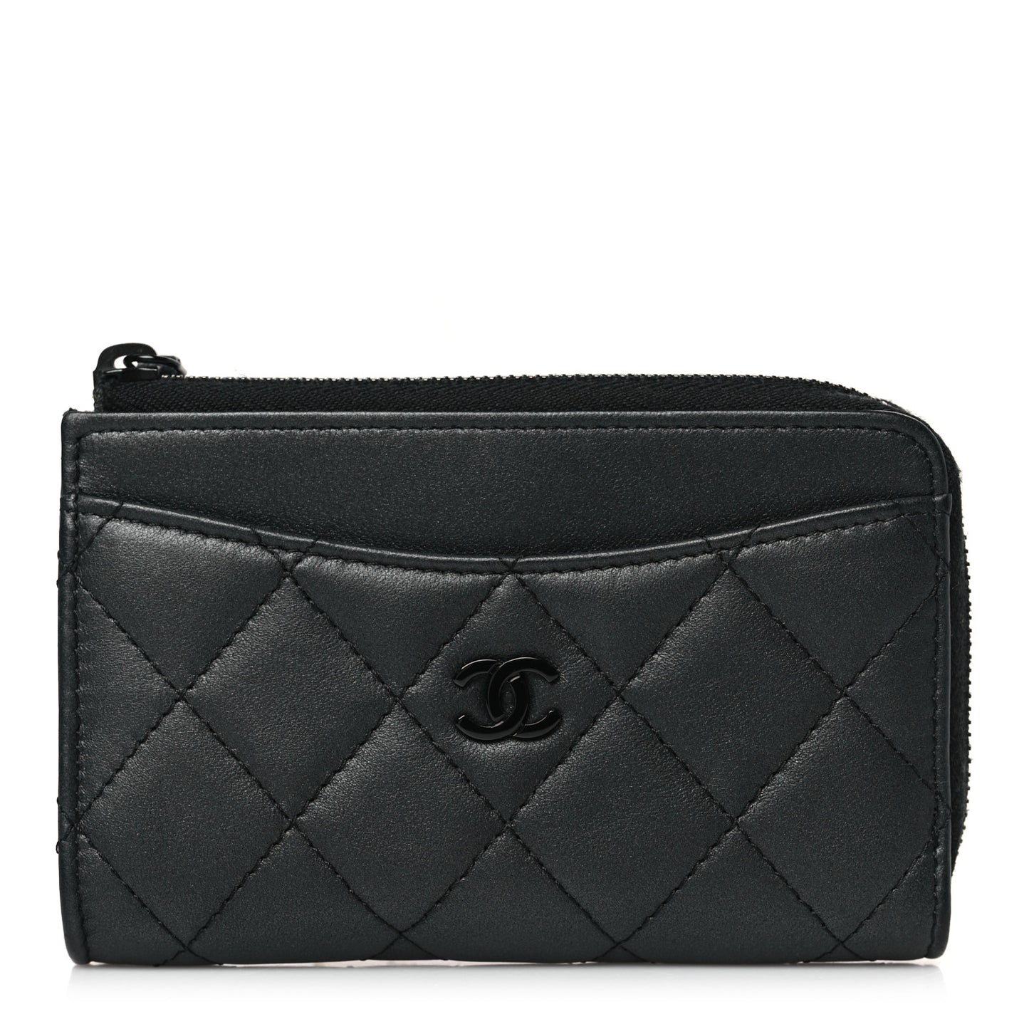 Pearly Lambskin Quilted Zip Card Holder So Black