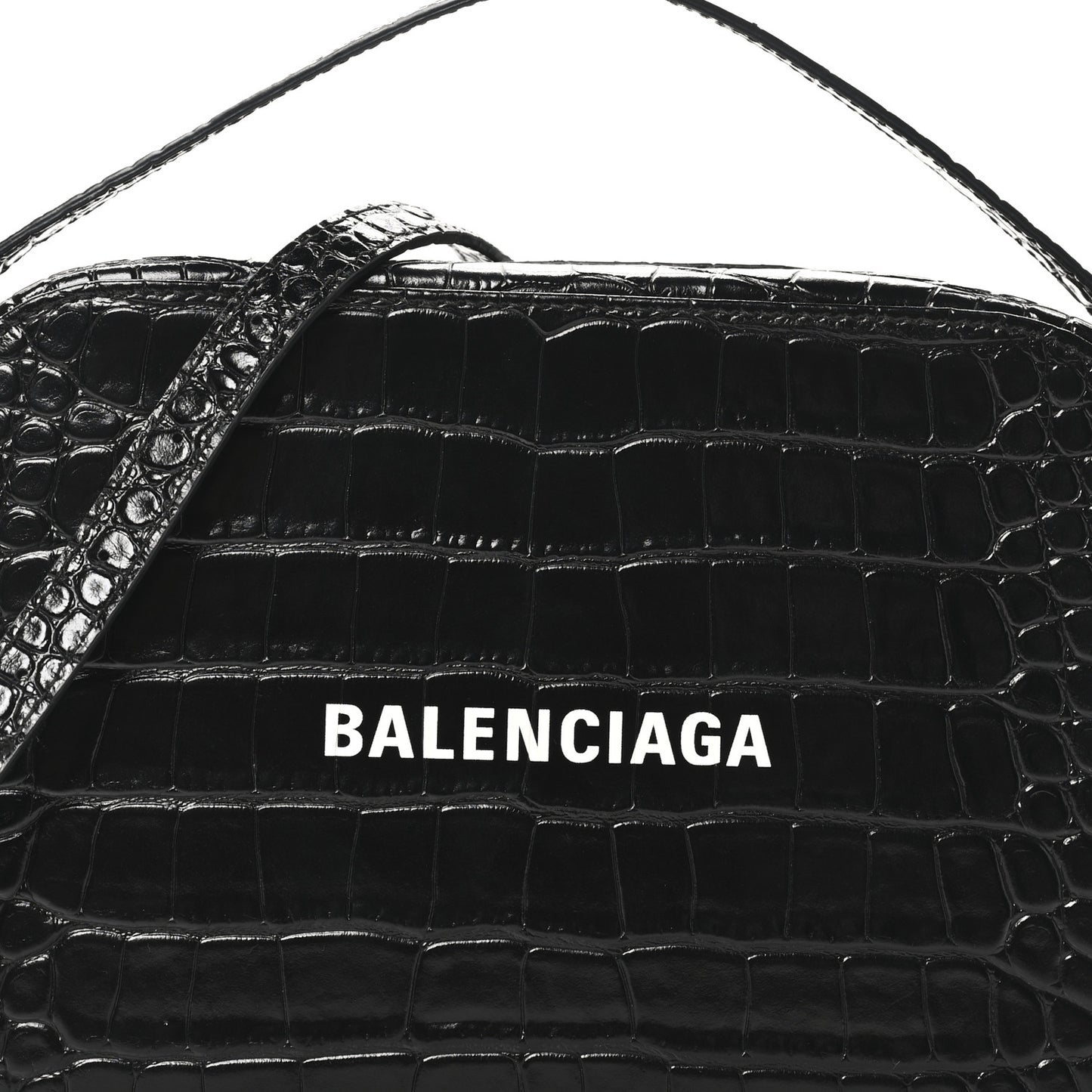 Shiny Calfskin Logo Crocodile Embossed S Everyday Camera Bag with Handle Black