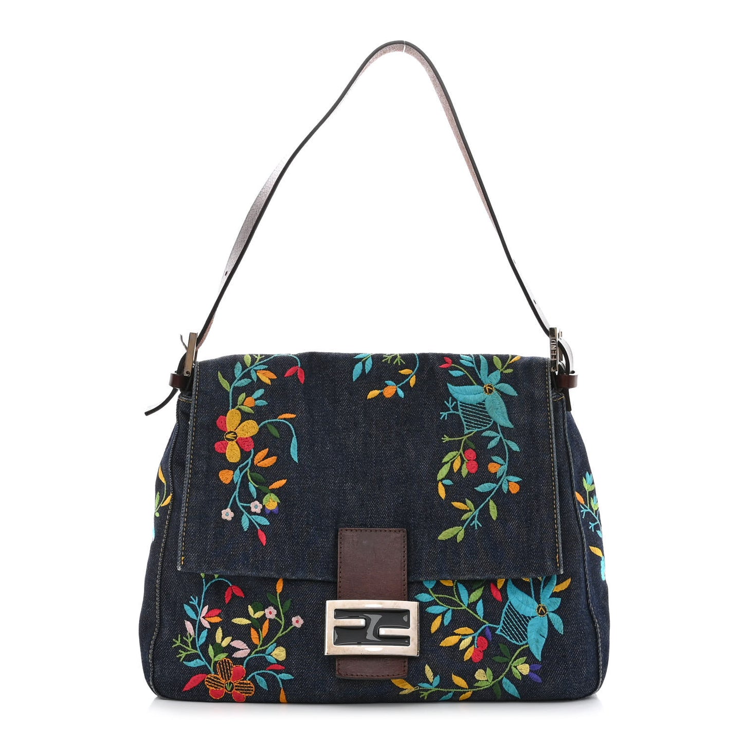 Denim Flower Embroidered Mama Baguette Blue