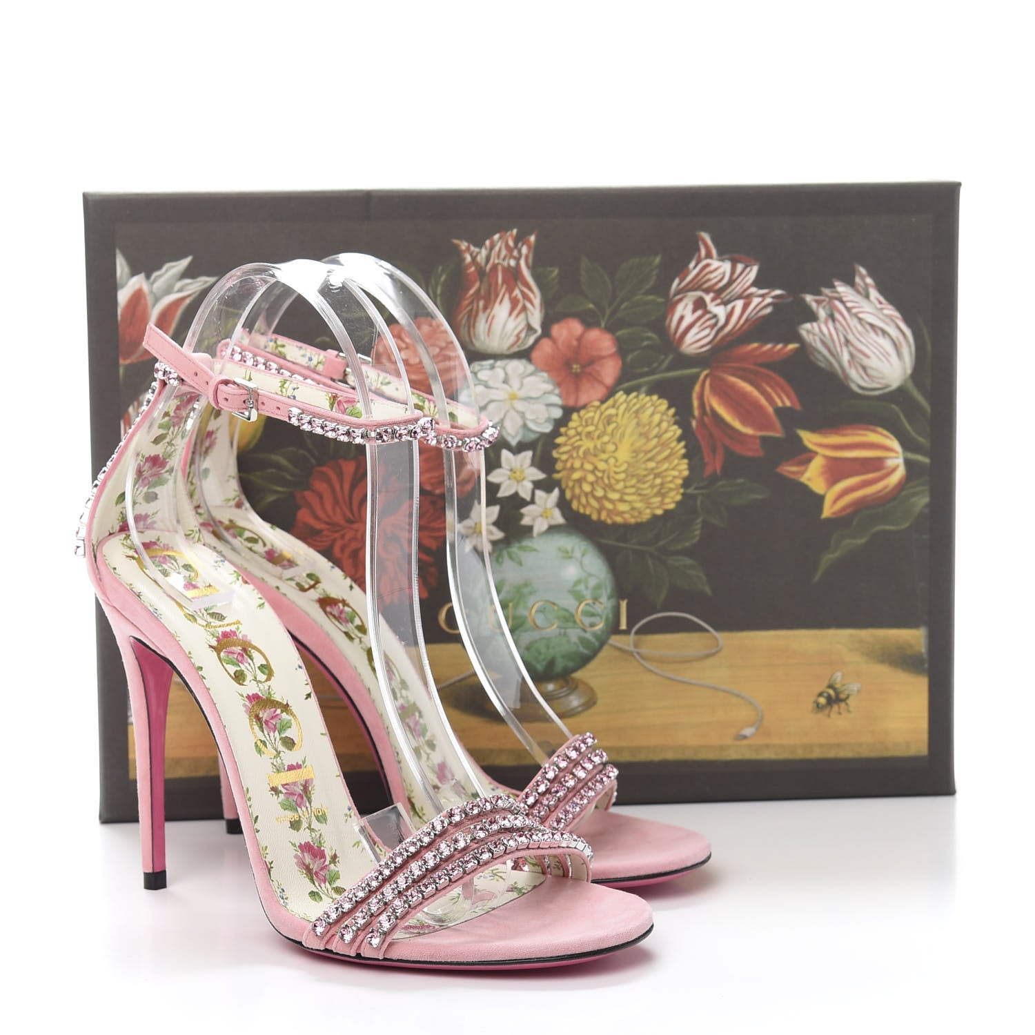 Gucci Kid Scamosciato Crystal Ankle Strap High Heel Sandals 37.5 Light Rose Light Peonia 9 of 9