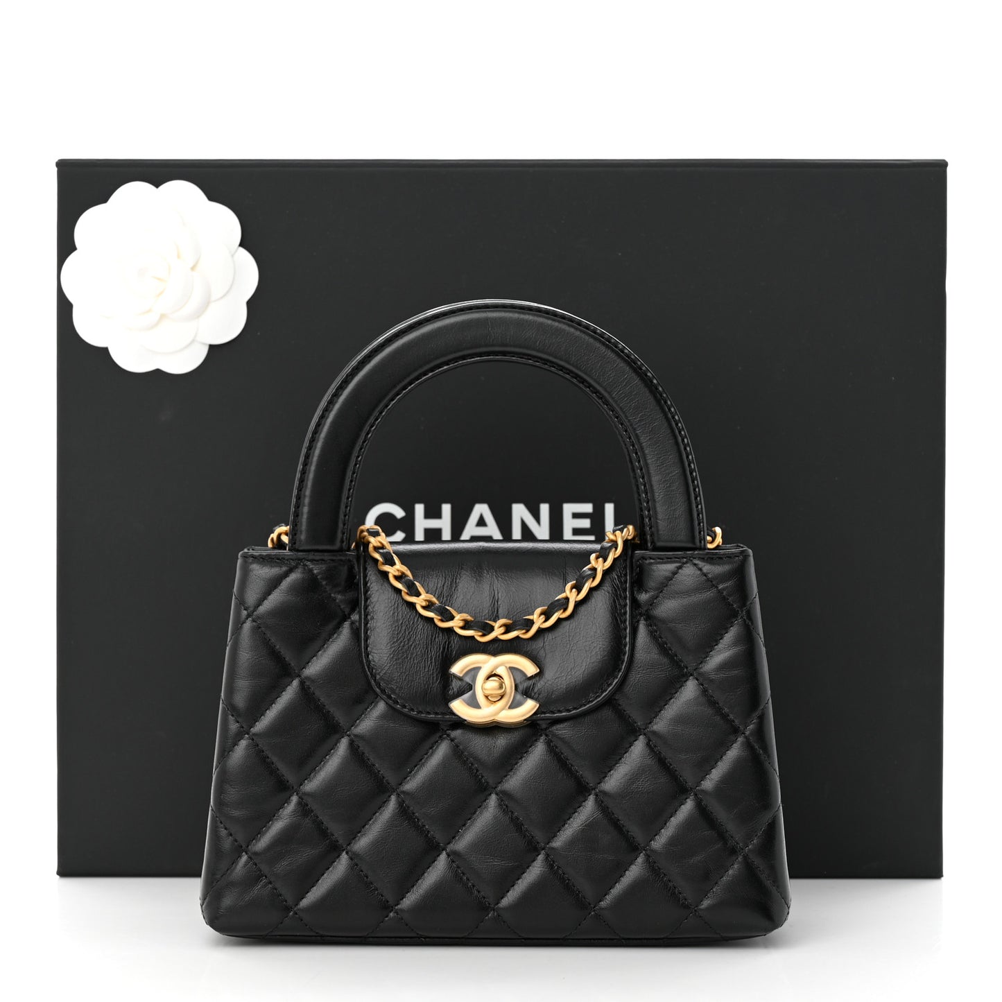Shiny Aged Calfskin Quilted Nano Kelly Shopper Black