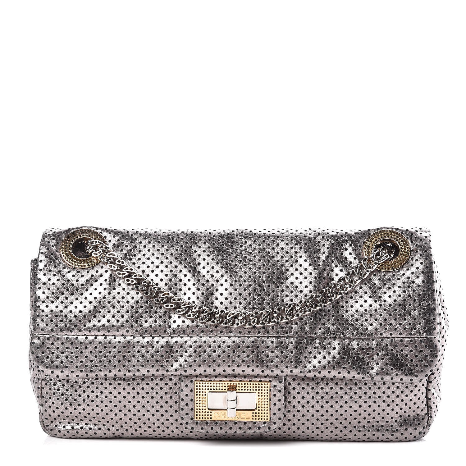 Chanel Metallic Crackled Calfskin Perforated Drill Flap Silver 1 of 14
