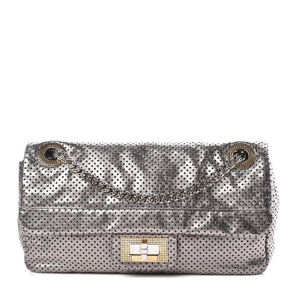 Chanel Metallic Crackled Calfskin Perforated Drill Flap Silver 1 of 14