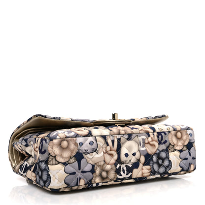 Chanel Nylon Quilted Medium Cat Emoticon Double Flap Navy Grey Ecru 4 of 10