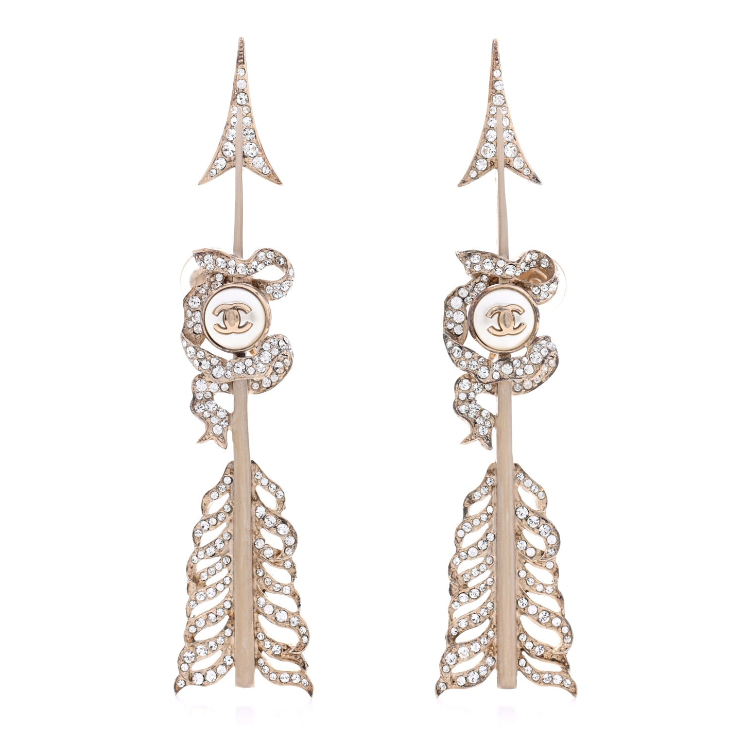 Crystal Pearl CC Arrow Clip On Earrings Gold