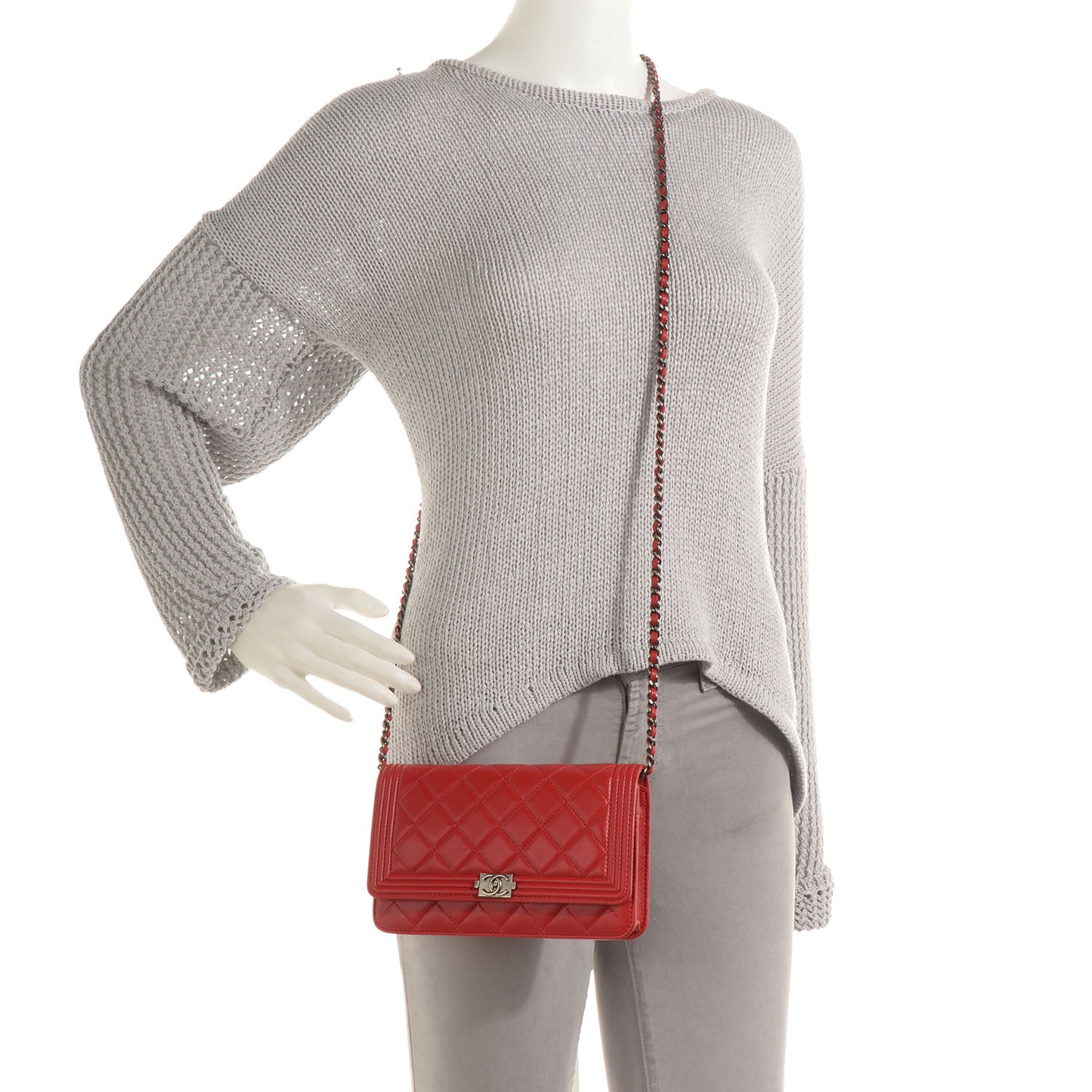 Chanel Lambskin Quilted Boy Wallet On Chain WOC Red 2 of 8