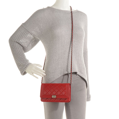 Chanel Lambskin Quilted Boy Wallet On Chain WOC Red 2 of 8