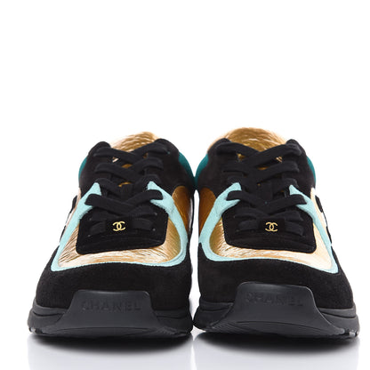 Chanel Fabric Calfskin Suede CC Womens Sneakers 38.5 Black Turquoise Gold 2 of 7