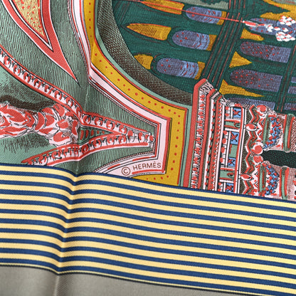 Hermes Silk Twill Grande Theatre Nouveau Scarf 90 Bleu Jean Vert Moutarde 3 of 8