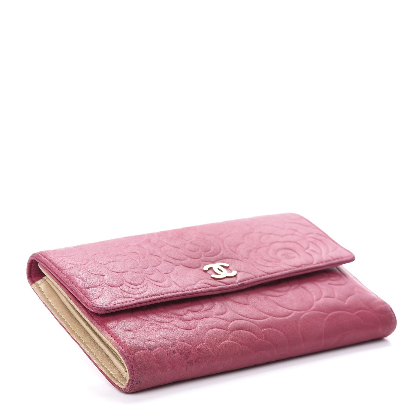 Lambskin Embossed Camellia Large Gusset Flap Wallet Pink