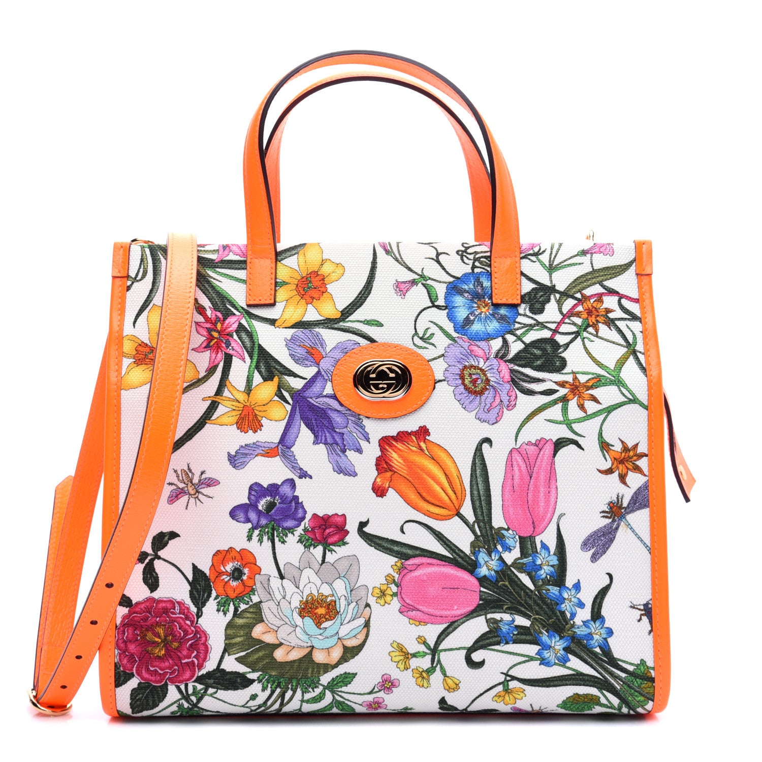 Gucci Canvas Medium Flora Tote White Multicolor Orange Fluo 1 of 14