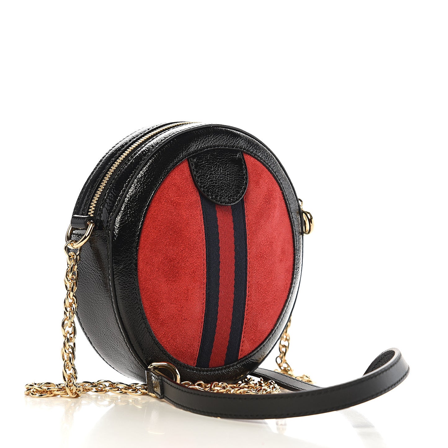 Suede Patent Web Mini Ophidia Round Shoulder Bag Hibiscus Red Black