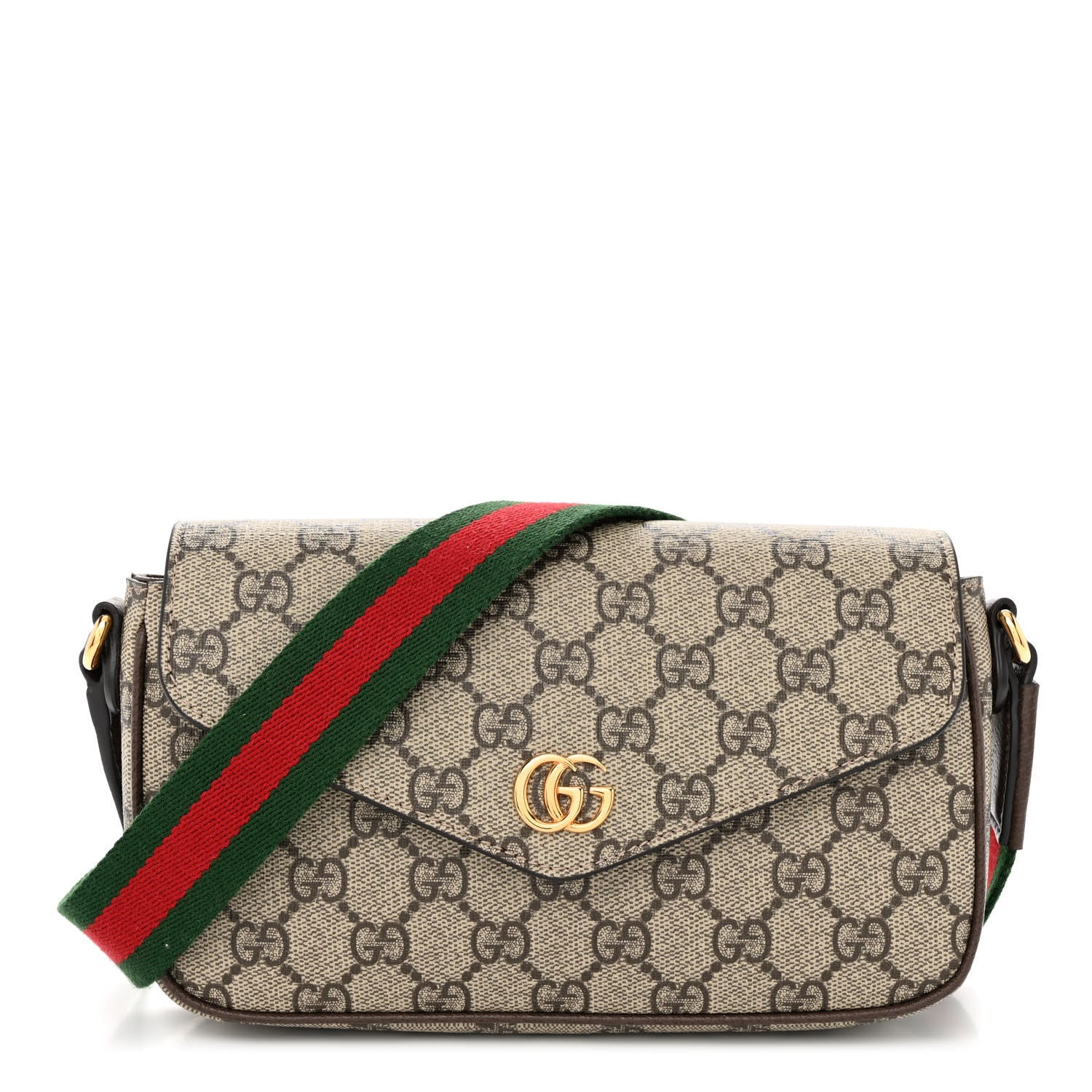 Gucci GG Supreme Monogram Textured Dollar Calfskin Web Mini Ophidia Envelope Shoulder Bag Beige Ebony 1 of 12