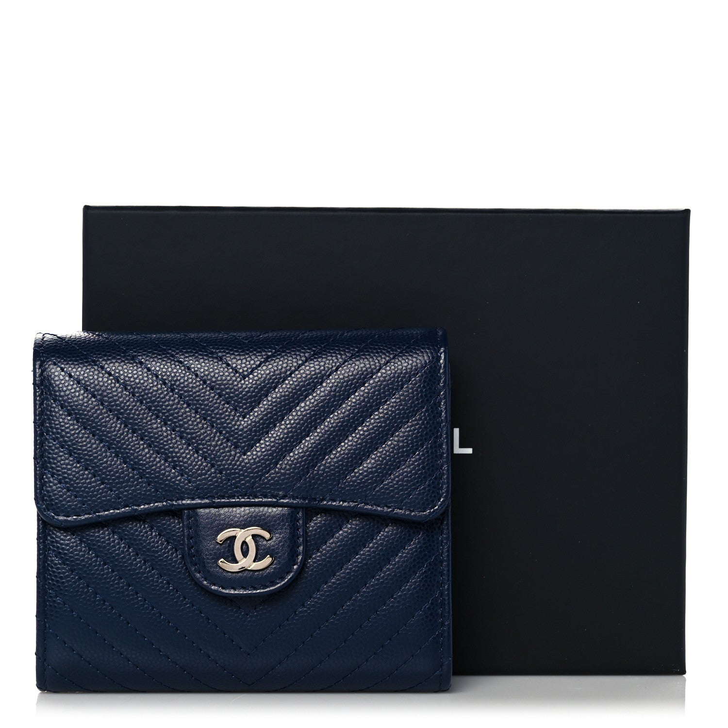 Chanel Caviar Chevron Quilted Compact Flap Wallet Navy 9 of 9