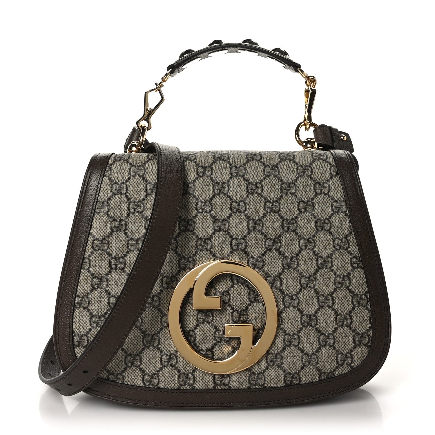 Gucci GG Supreme Monogram Textured Dollar Calfskin Web Medium Blondie Top Handle Shoulder Flap Bag Beige Ebony New Acero 1 of 8