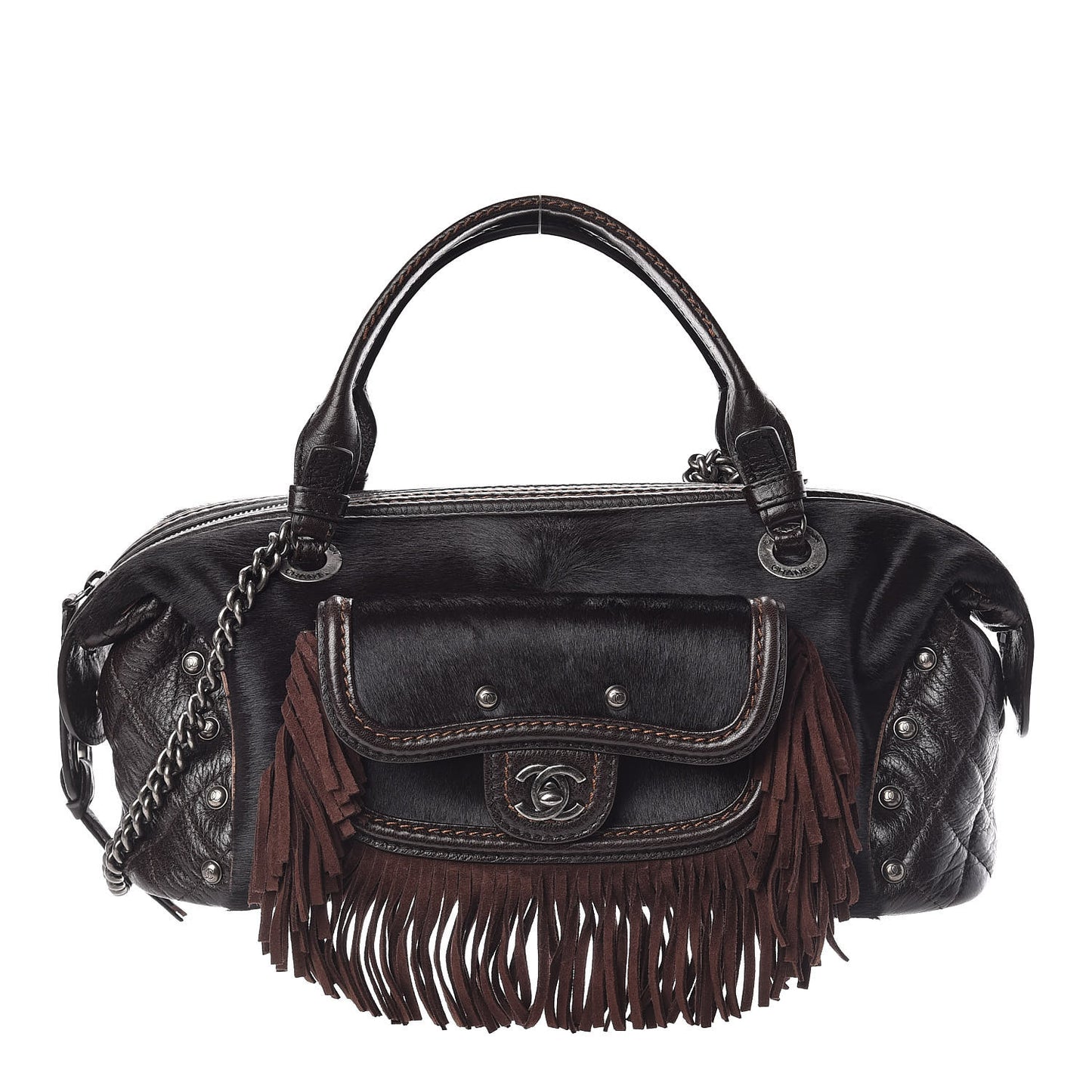 Calfskin Pony Hair Fringe Bowling Bag Brown