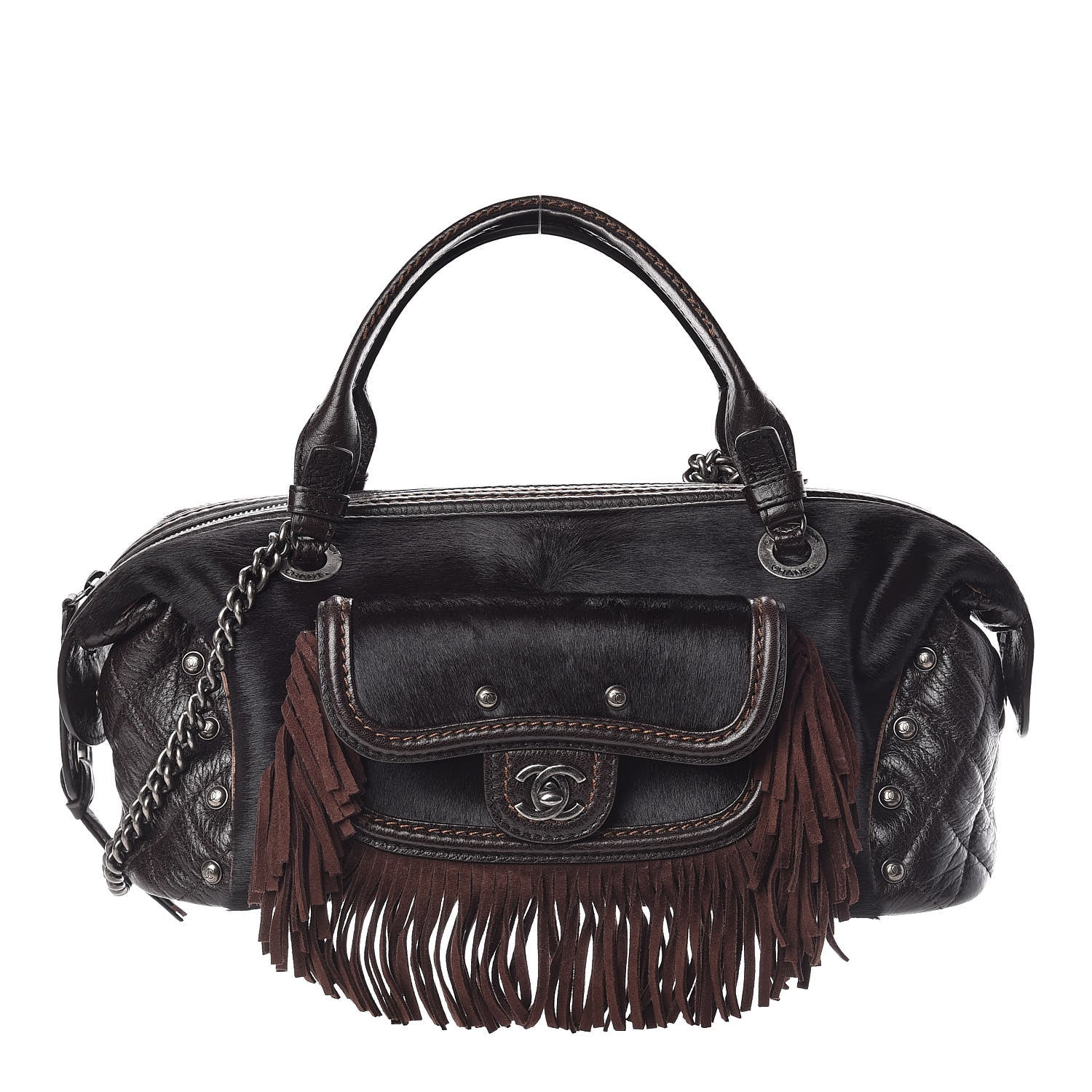 Chanel Calfskin Pony Hair Fringe Bowling Bag Brown 1 of 9