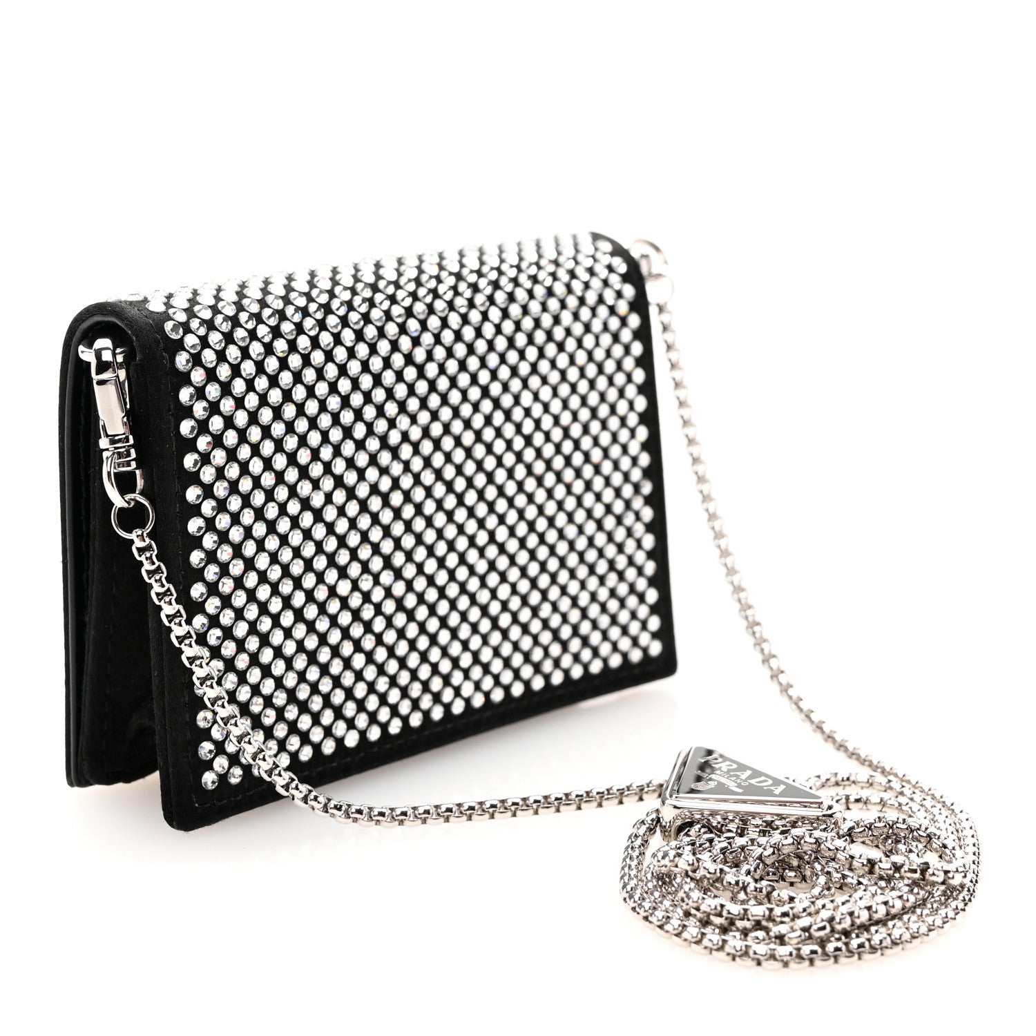 Prada Satin Crystal Metal Triangle Logo Card Holder With Strap Cristal 3 of 11