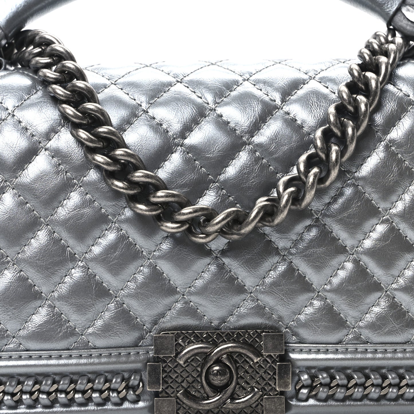 Metallic Calfskin Quilted Medium Top Handle Boy Flap Silver