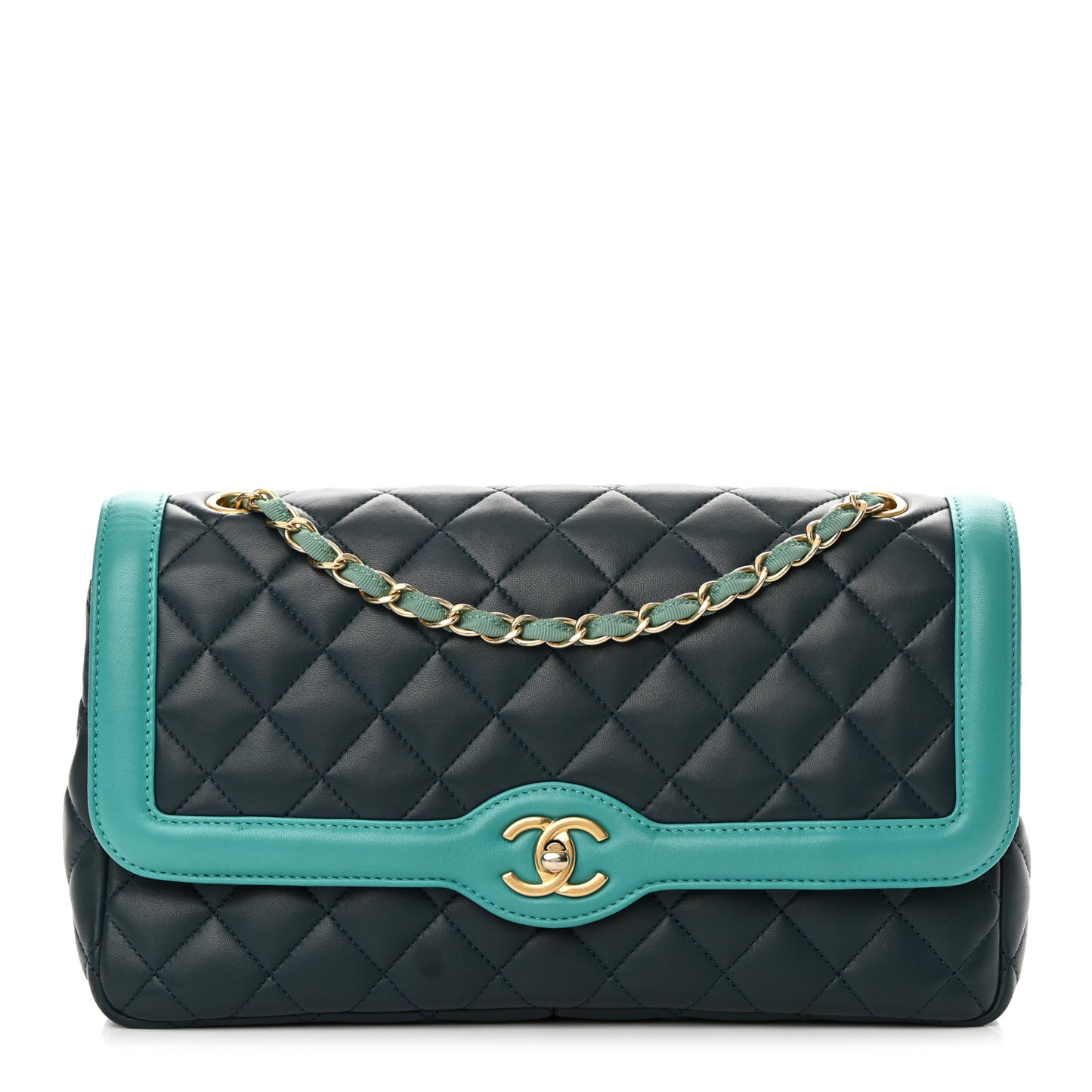 Lambskin Quilted Bi-Color Flap Navy Turquoise