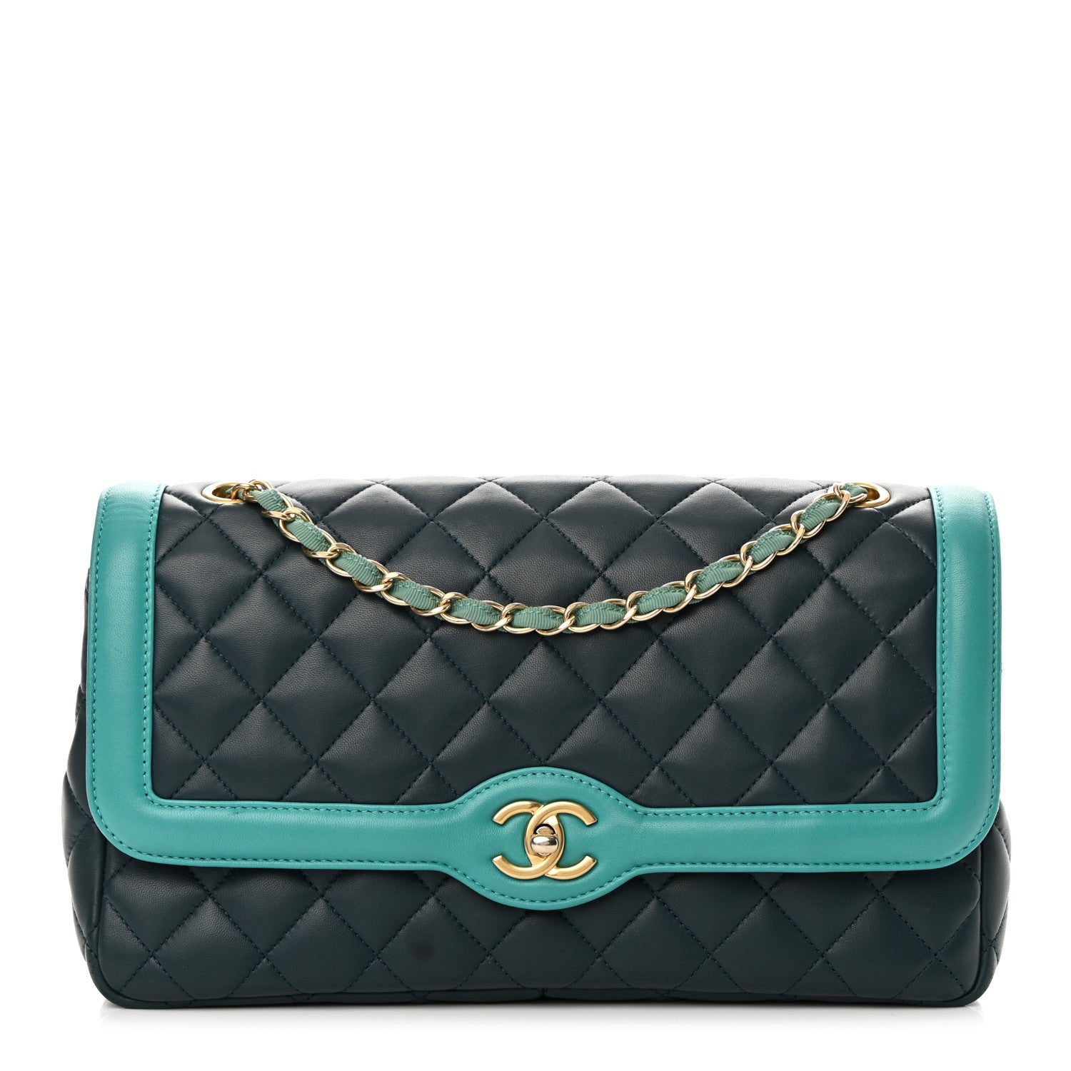 Chanel Lambskin Quilted Bi-Color Flap Navy Turquoise 1 of 16