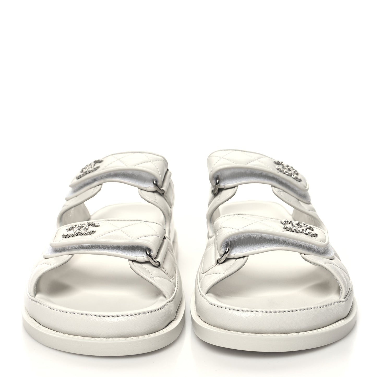 Lambskin Quilted Velcro Dad Chain CC Slide Sandals 38 White