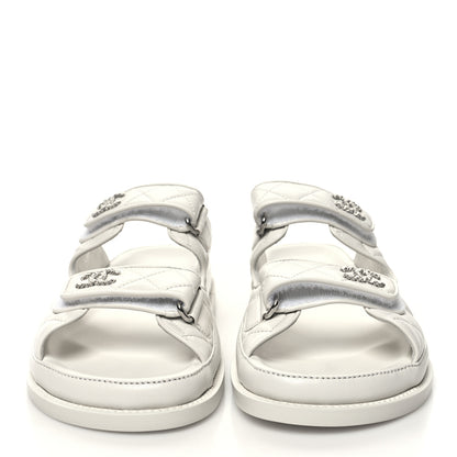 Chanel Lambskin Quilted Velcro Dad Chain CC Slide Sandals 38 White 2 of 9